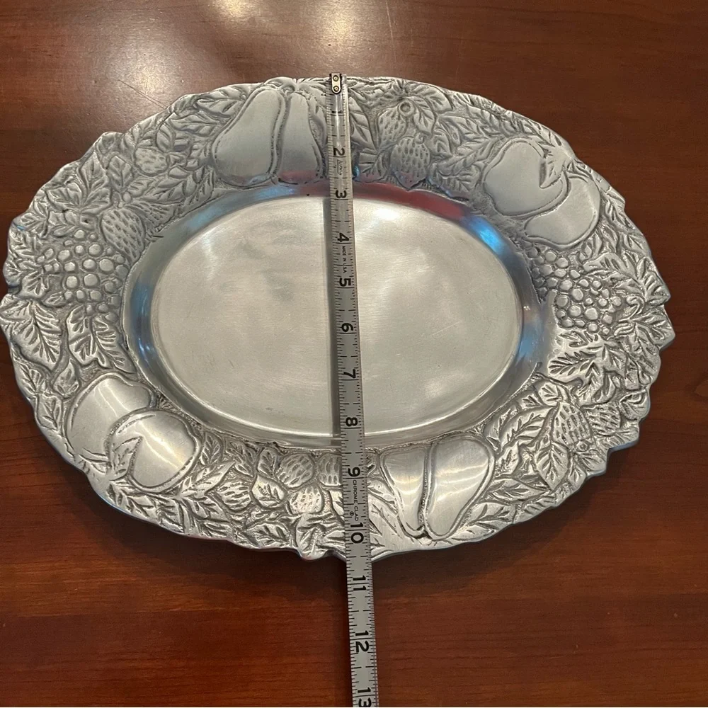 Vintage Silver Toned Serving Platter Oval with Embossed Fruit and leaves